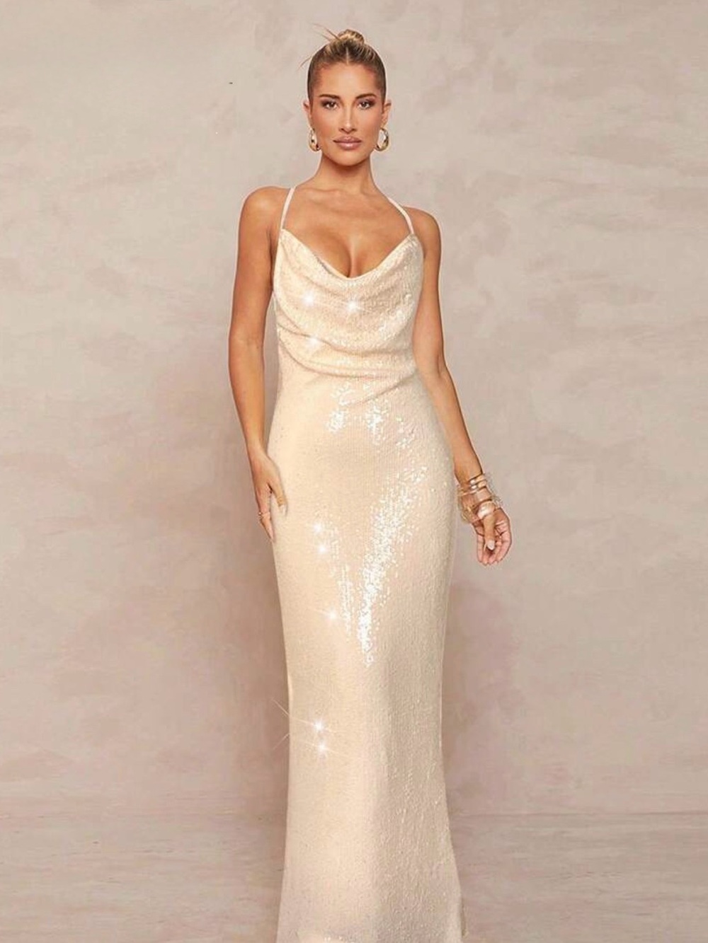 Elegant Cream Sequin Cowl Neck Evening Dress
